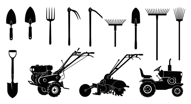 Gardening tools and machinery in black silhouette on white background with collection gardening equipment tractor shovel tiller trowel rake with fork