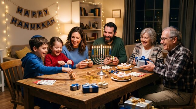 Multi-generational Jewish family celebrating Hanukkah lighting the menorah and exchanging gifts.
