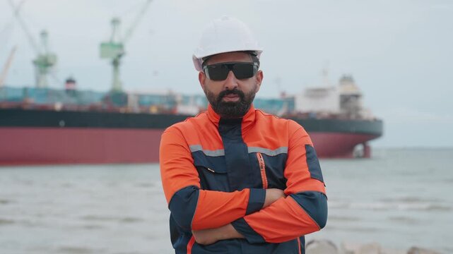 Dressed in safety gear, the worker stands confidently. Large ship looms behind him, docked near cranes. He wears sunglasses and a helmet, arms crossed