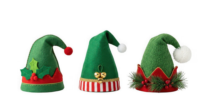 Collection of three decorative elf hats for christmas isolated on transparent background