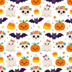 Naklejka premium Cute Halloween Characters Seamless Pattern