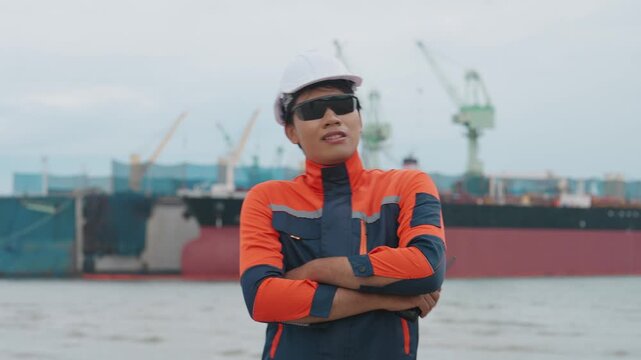 Dressed in safety gear, the worker stands confidently. Large ship looms behind him, docked near cranes. He wears sunglasses and a helmet, arms crossed