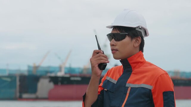 Worker stands near water, talking on a walkie-talkie. He wears a helmet and sunglasses. Large ship looms in the background