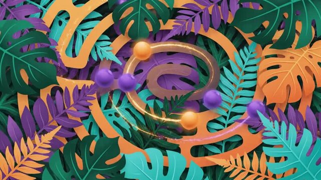 Glowing spheres orbit inside vibrant tropical foliage patterns within this dynamic digital motion video animation featuring smooth flowing circular paths