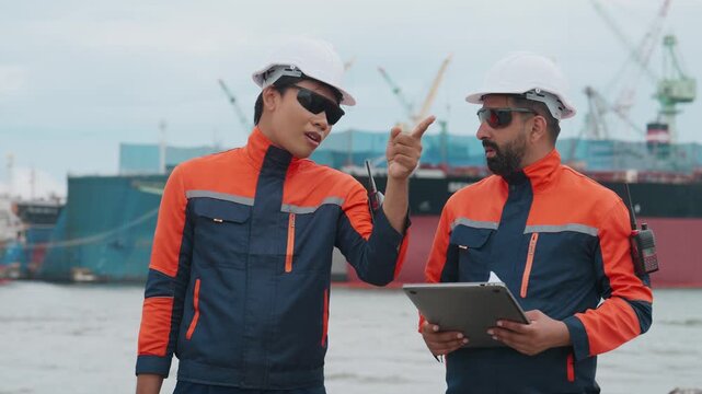 Two dock workers converse near a large vessel. They wear safety gear, hold clipboards. Their focused expressions suggest inspection or coordination