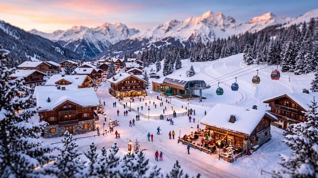 Tilt-shift miniature effect showing a cozy snowy ski resort village with ice rink, cable car gondola, illuminated chalets, and mountain peaks at dusk.
