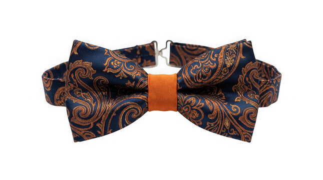 Elegant navy blue and copper paisley patterned bow tie with an orange center band isolated on transparent background