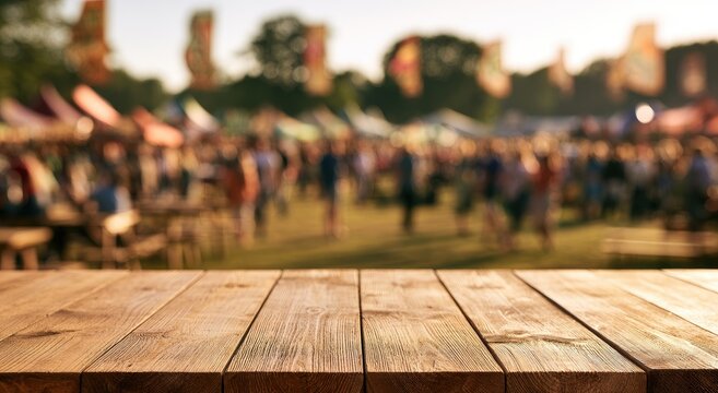 Rustic wooden table foreground against blurred outdoor festival scene