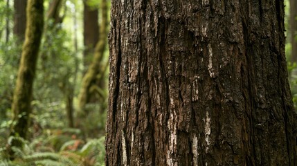 Fototapeta premium Close-up of textured bark on a tree trunk in a lush, green forest