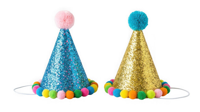 Glittery party hats with pom poms isolated on transparent background