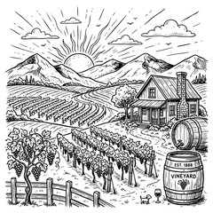 Fototapeta premium Sun rising over vineyard valley with rural farmhouse and wine barrels