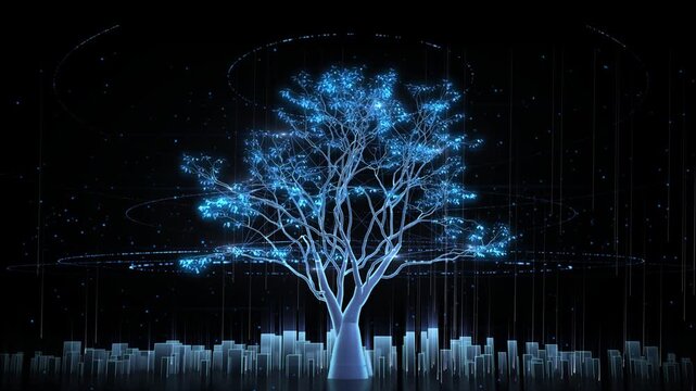 Glowing Digital Tree Growing from a Futuristic Smart City Data Network