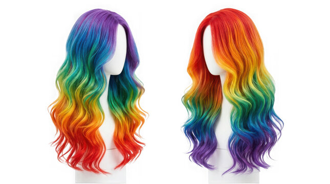 Two mannequin heads wearing long wavy rainbow colored wigs isolated on transparent background