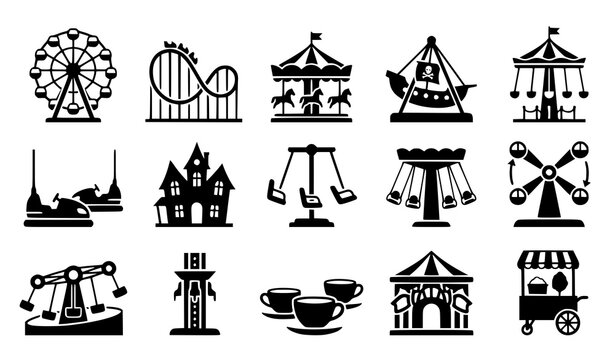 Set of amusement park and carnival ride icons with ferris wheel roller coaster and carousel carnival rides theme park pirate ship bumper cars haunted house swing ride drop tower