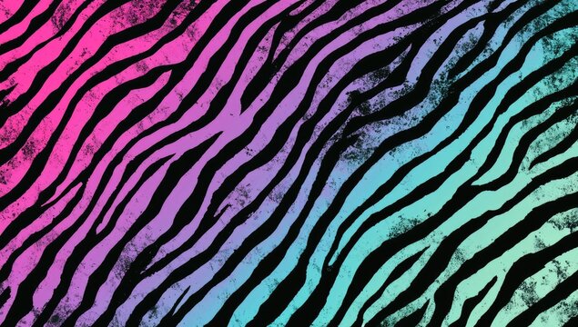 Diagonal black zebra stripes transition from pink to purple to blue