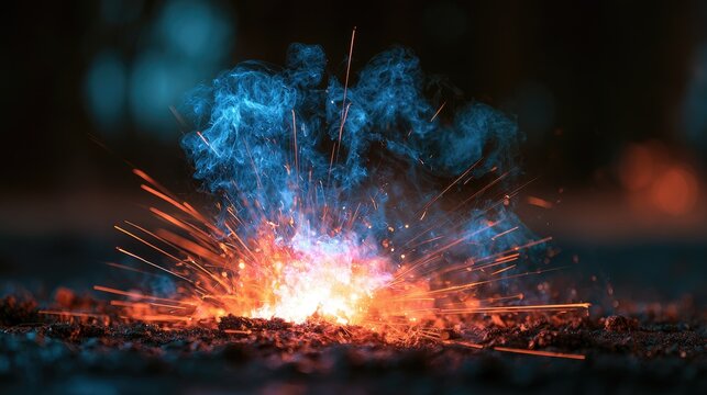 Fiery sparks and blue smoke erupt from a central explosive ignition