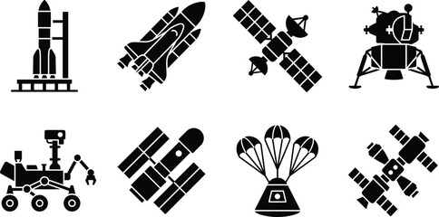 Space Exploration Vector Icon Set Featuring Rocket Shuttle Satellite Lunar Lander Rover and Space Station © MdImamAli