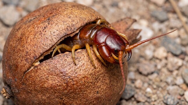 Close up view of centipede emerging from split pomegranate shell on gravel ground