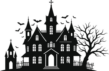 Fototapeta premium Spooky haunted house silhouette with bats and bare tree for Halloween