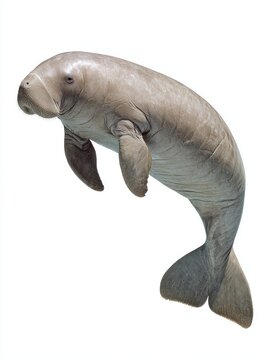 Full Body Side View Of A Grey Manatee Swimming Isolated On White Background With Smooth Skin Texture