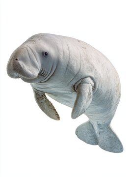 Full Body Side View Of A Grey Manatee Swimming Isolated On A Clean White Background