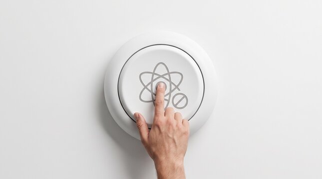 Hand pressing a button with the atomic symbol and a prohibition sign, symbolizing nuclear disarmament and peace