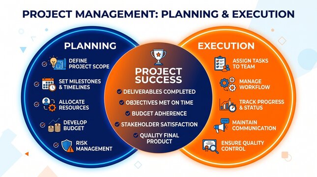 Project management planning and execution infographic, business strategy diagram for project success, corporate workflow chart
