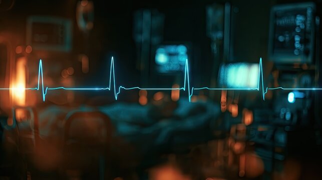 Neon heartbeat graph overlaid on a dark, moody medical ward