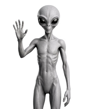 Alien character waving with raised hand on a white background. The extraterrestrial stands upright with large eyes and slender body, suitable for sci-fi themes.