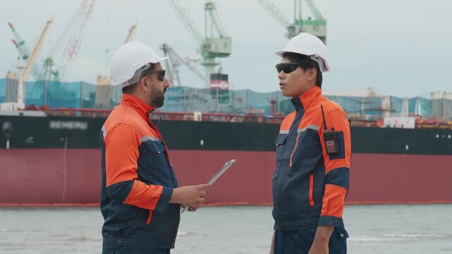 Two dock workers converse near a large vessel. They wear safety gear, hold clipboards. Their focused expressions suggest inspection or coordination