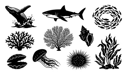 Fototapeta premium Ocean wildlife silhouette vector set with whale, shark, fish school, coral, jellyfish, seashell and sea urchin on white background