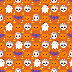 Naklejka premium Cute Kawaii Halloween Characters Seamless Pattern