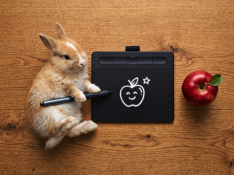 Small fluffy rabbit draws apple graphic on black digital drawing tablet resting on natural wooden texture desk background.
