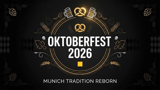 Oktoberfest 2026 Celebration Animation with Glowing Gold Emblem and Traditional Beer Mugs