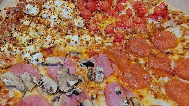 Delicious pizza with different toppings served in a box at a local restaurant