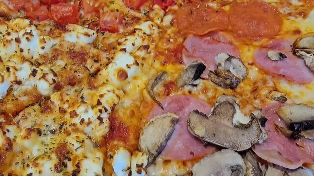 Making pizza in a kitchen with toppings like mushrooms, ham, peppers, and pepperoni