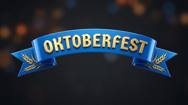 Glossy blue curved festival banner with golden typography and wheat ears on dark bokeh background