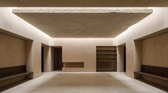 Monolithic limestone ceiling slab floating above minimalist interior