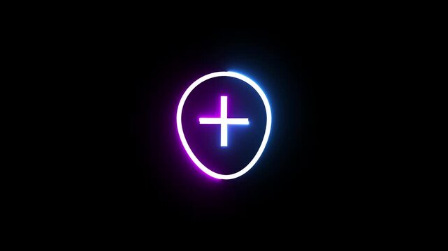 Neon medical shield icon with plus symbol rotating glowing light on black background loop.