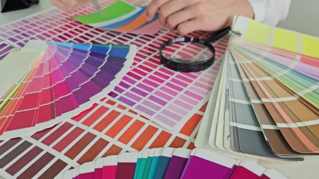 Choosing color samples with hands and a magnifying glass at a design studio in a creative workspace
