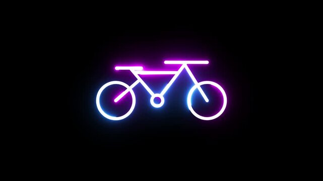 Minimalist neon bicycle icon glowing with pink and blue light animation on black surface.