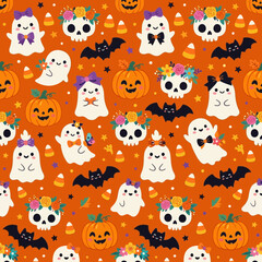 Fototapeta premium Cute Halloween Characters Pattern with Ghosts, Skulls, and Pumpkins