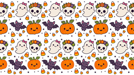 Fototapeta premium Cute Halloween Kawaii Pattern with Ghosts, Pumpkins, and Bats