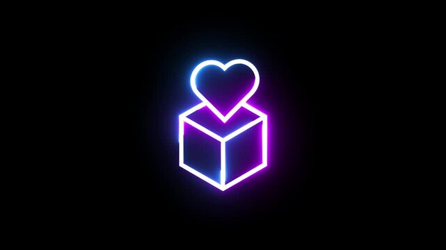 Neon heart emerging from cube box glowing light animation against simple black background.