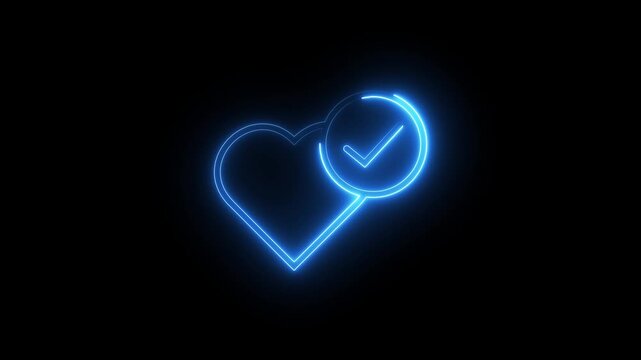 Glowing blue neon heart symbol with checkmark icon motion graphic on black background clip.