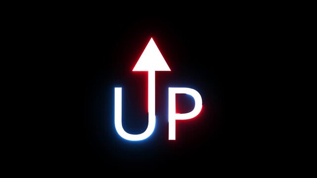 Neon up arrow sign glowing with red and blue colors in cinematic motion loop on background.