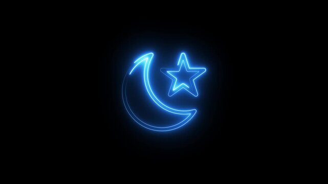Glowing blue neon crescent moon and star symbol animation on black background light effect.