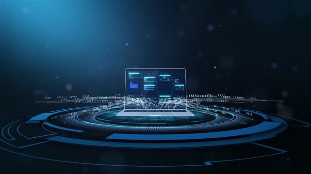  Laptop Computer on a Futuristic Digital Platform Surrounded by Binary Data Streams