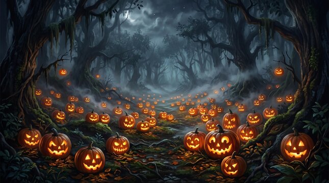 Carved glowing pumpkins in a spooky misty halloween forest