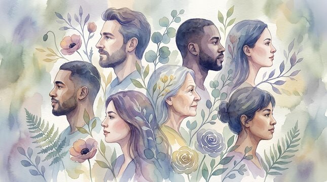Diverse group of people in soft watercolor portrait with floral accents.